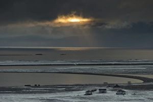 Wooden houses, Swedish-Finnish research station Kinnvika in the evening light