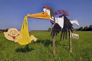 Wooden sign of a stork in a field