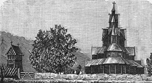 Wooden stave church in a valley, Norwegian architecture since the 11th century, wooden fence as enclosure, vertical construction, tree, Norway, historical illustration 1888, Europe