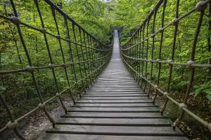 Wooden suspension bridge over a gorge