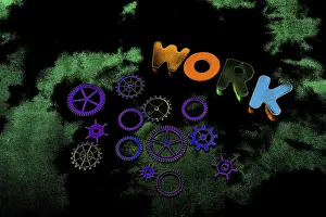 Work wording and wooden cogwheels as industry mechanism concept