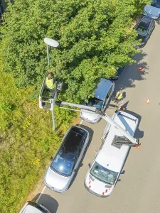 Worker in an aerial work platform cuts branches on a tree next to cars
