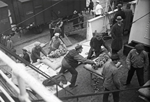 Workers at the docks. Men in Gothenburg harbor unloading bananas from a ship that just has arrived from the West Indies