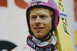 World Cup, Ski jumping, portrait of ski jumper Dieter Thoma (DEU) at a ski jumping competition in Willingen with pink helmet, 1996, Germany, Europe