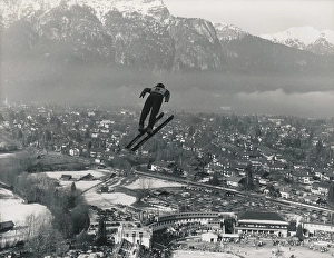 World Cup, ski jumping, panorama, houses, mountains, New Year's ski jumping in Garmisch-Partenkirchen, 1992, Germany, Europe