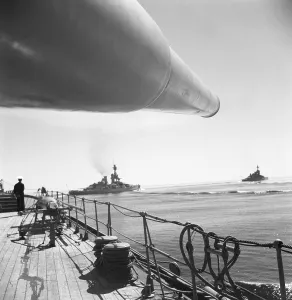 During World war II. The war ship Sverige during navy exercises at sea. The front cannons are visible with other swedish warships visible in the background. Sweden june 1940. Kristoffersson ref 141