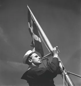During World war II. The war ship Sverige during navy exercises at sea