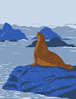 WPA poster art of California harbor seal on rock outcroppings in California Coastal National Monument along the coast