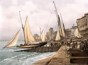 Yacht setting sail, Hastings, in the county of East Sussex on the Strait of Dover in south-east England