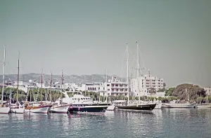 Yachts moored in the harbour, Kos, Greece 1970s