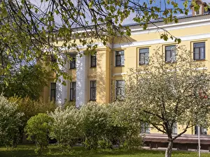 Yellow administrative building on a sunny day among flowering trees