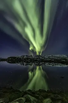 Yellow and green northern lights reflected in fjord