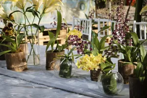 Yellow lily flowers on the table in the outside