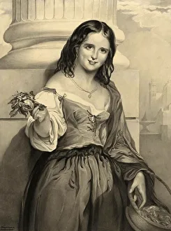 Young flower seller standing in front of a column