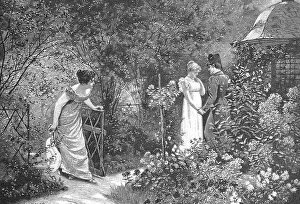 Young lovers are surprised by a curious woman in the garden