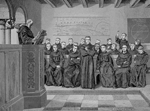 Young monks, novices, teaching in the monastery school in the Middle Ages