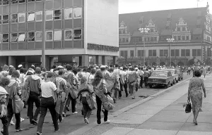 Young people marching through Leipzig