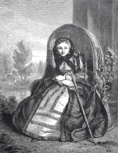 Young woman in the disguise of an old woman in an armchair in the garden