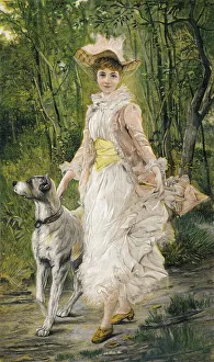 A young woman and her dog, coloured woodcut