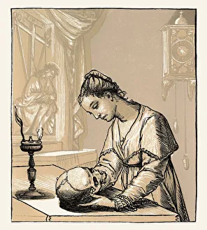 Young woman holding a skull, by Andrea Andreani