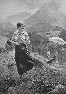 Young woman meets a painter on the alpine pasture