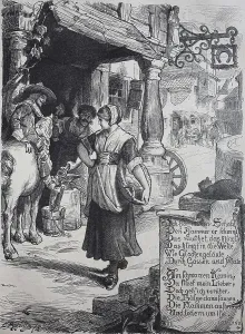 Young woman passing a blacksmith's shop
