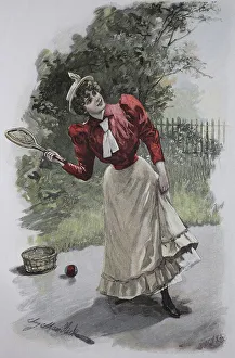 Young woman playing tennis, 1899