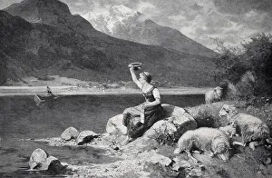 Young woman, shepherdess, in traditional traditional costume