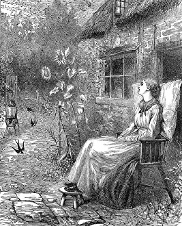 Young woman sitting in the garden in summer