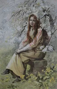 Young woman in the spring, woodcut