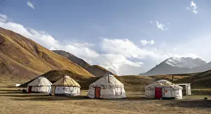 Yurts in front of Lenin Peak, Pamir Mountains