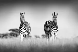 Zebra with clear sky. Black and white art photo