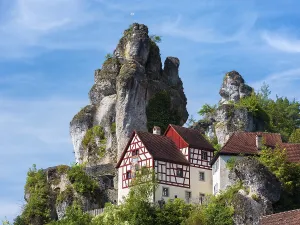 Zechenstein rock formation and half-timbered houses