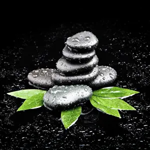 Framed Print : Zen stones and leaves with water drops Framed Print : Zen stones and leaves with water drops