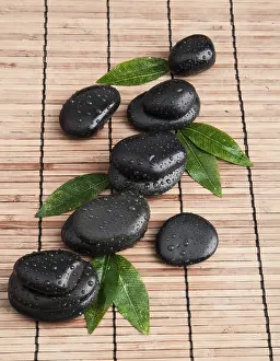 Zen stones and leaves with water drops