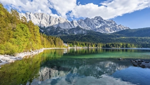 Category Mountain Landscapes Prints: Zugspitze massif and Zugspitze reflected in Eibsee lake