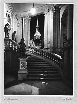 Zwinger, staircase with putti at the carillon pavilion, view to the Hausmannsturm, Dresden in front of the destruction, photo cycle STADT AM STROM, DRITTE FOLGE, by Friedrich Luening (1901-1952), Saxony, Germany, Europe